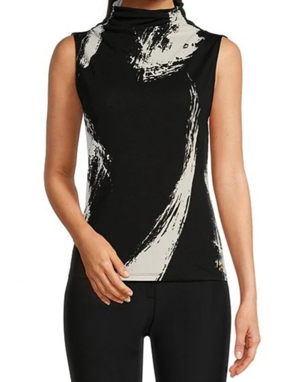 Donna Karan Sleeveless Mock Neck Brushstroke Print Top - Black/White